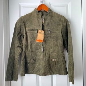 Ruff Hewn Genuine Leather Suede Jacket olive green zip up size S fully lined NWT